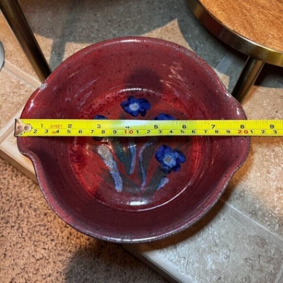 Stoneware red blue flowers bowl handmade OOAK studio pottery - Picture 9 of 10